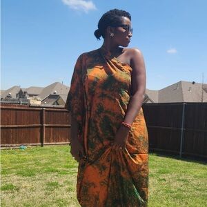 Orange and Green One-Shoulder Dress